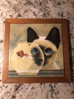 1987 Lowell Herrero 'Siamese cat and gold fish' Tile Art/Trivet