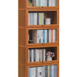 Bamboo/Acrylic 5 Shelves Bookcase with Door, Display Storage Rack, Brown, New in Box