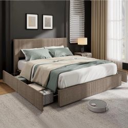 Corduroy Bed Frame with Headboard, Platform Upholstered Queen Bed Frame with 4 Storage Drawers and Wooden Slats Support, No Box Spring Needed, Brown
P