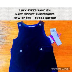  12 M NEW NWT  Girl Navy Velvet Jumper Dress Retail Price $68 Designer Lucy Sykes Rhinestone Buttons, Classic Very Soft