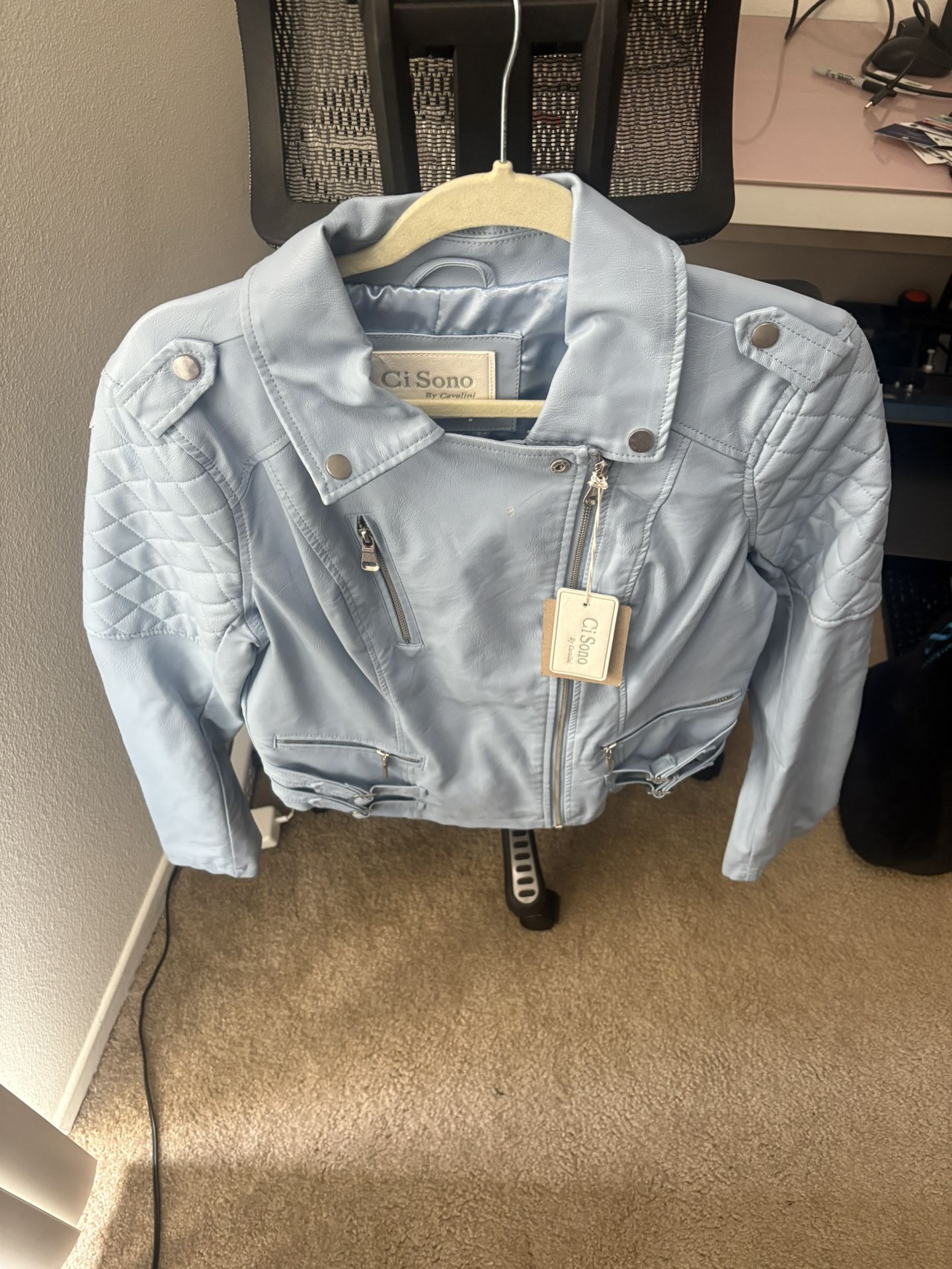 Baby blue leather jacket