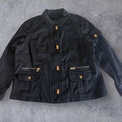 Vtg Ralph Lauren LRL Black Denim Jean Jacket Gold Toggle Moto Metal Military 90s Y2K