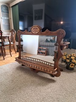 Vintage Oak Beveled Glass Mirror With Shelf