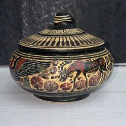 Vintage Hand-Painted Greek Pottery Lidded Bowl – Corinthian Style – 4.5” Tall x 5” Wide