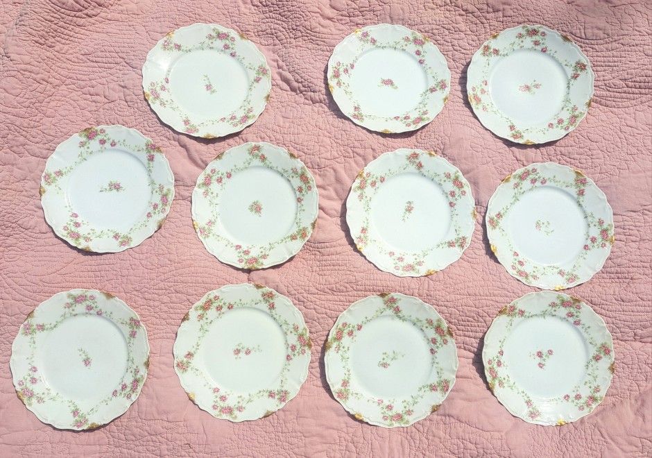 11 Antique LIMOGES FRANCE Hand Painted Plates Pink Green Gold Floral Rose Print Plates Shabby Chic Strawbridge & Clothier