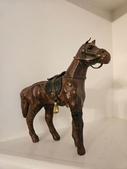 Vintage Handmade Leather Wrapped Horse Figure Statue With Saddle 10” Tall