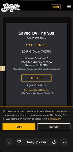 Today 6/20/2026,  2 tickets Belly Up cheap tickets for the 90s party