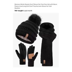 Brand new Womens Winter Beanie Scarf Gloves Set, Pom Pom Hat with Warm Fleece Lined Long Knit Scarf Touchscreen Gloves for Cold Weather  Whitestone/Fl