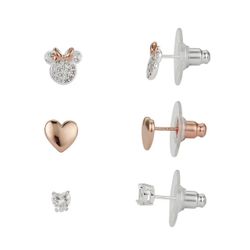 DISNEY MINNIE MOUSE STUD EARRING SET SILVER PLATED ROSE GOLD TONE CRYSTAL HEART