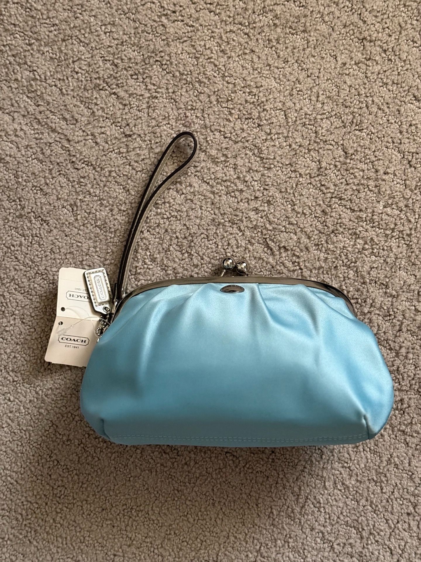 Coach Satin Metallic Silver Leather Frame Kisslock Clutch Wristlet