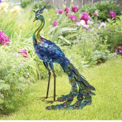 Brand New Metallic Peacock Statue Outdoor Garden, Patio, Deck, Porch-Yard Art Decoration, 27-Inch Tall, Multicolor