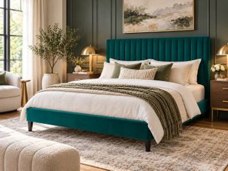 Full Bed Frame, Velvet Upholstered Platform Bed with Adjustable Vertical Channel Tufted Headboard, Mattress Foundation with Strong Wooden Slats, Box