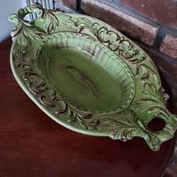 Intrada Italy Green Brown Baroque Collection Oval Ceramic Serving Dish 