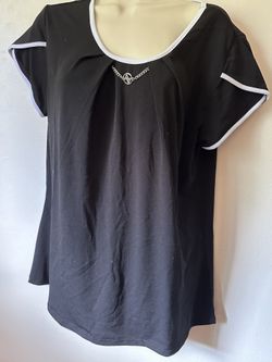 Adrienne Vittadini Womens XL Black Short Sleeve Round Neck Blouse Chain Logo