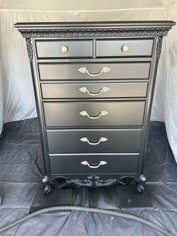 Refinished Highboy Dresser – Charcoal Black with rose gold Hardware