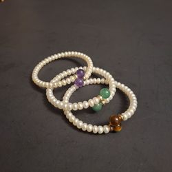 Freshwater Pearl Flexible Wire Cuff Bracelet 3 PC Set W/Natural Gemstones Tiger's Eye, Green Jade & Purple Jadeite - Excellent Condition