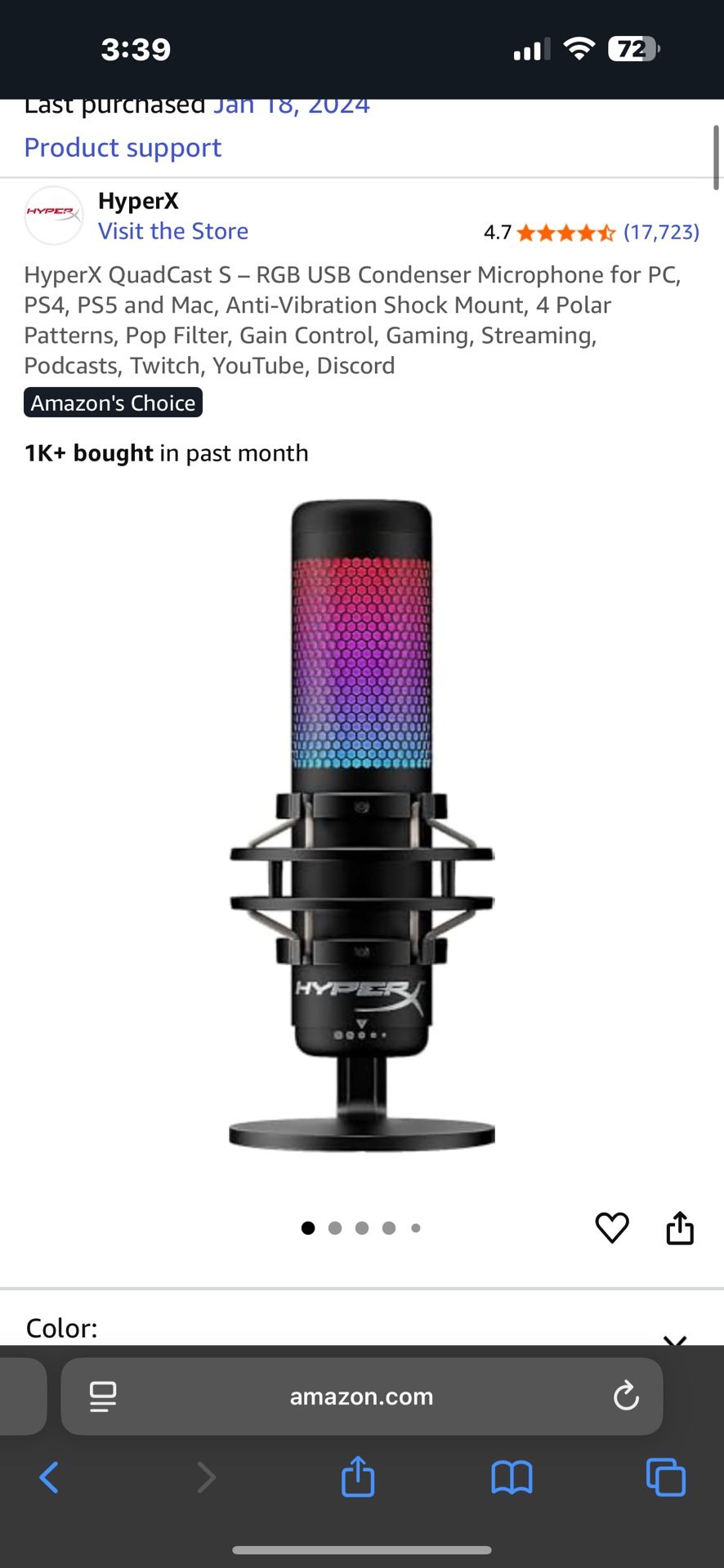 HyperX QuadCast S – RGB USB Condenser Microphone for PC, PS4, PS5 and Mac, Anti-Vibration Shock Mount, 4 Polar Patterns, Pop Filter, Gain Control, Gam