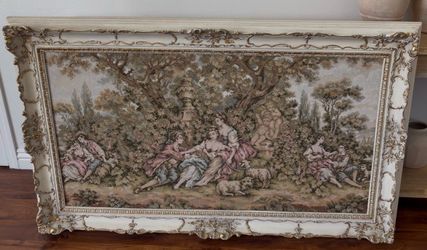 Large Framed Vintage Pastoral Tapestry