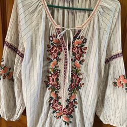 Johnny Was Juliene Floral Embrodiered Neutral Peasant Boho Cottagecore Top XL