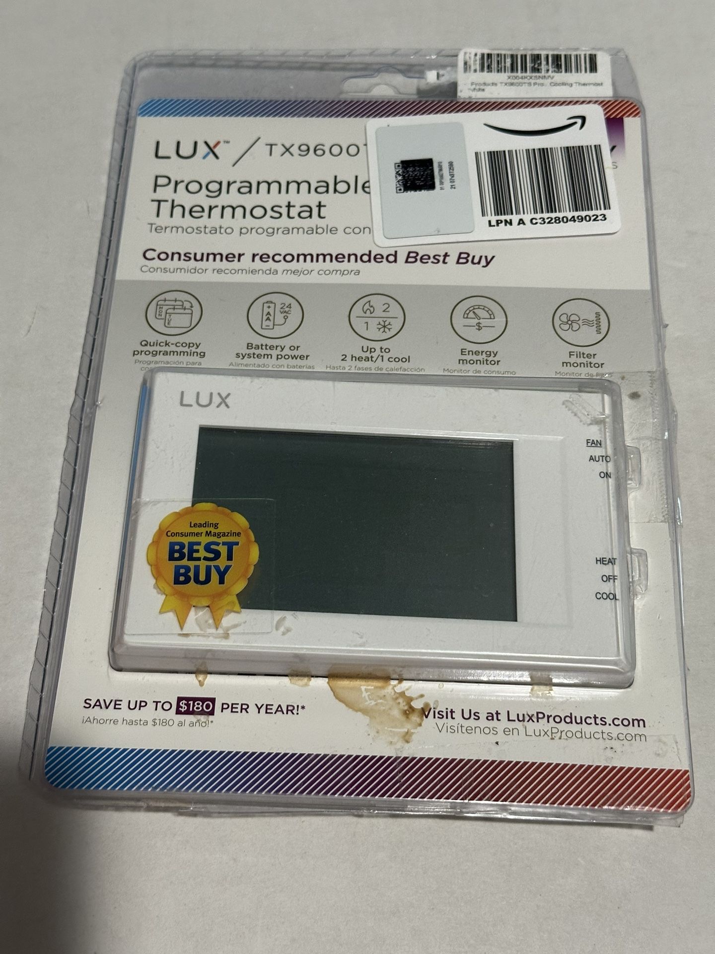 LUX TX9600TS Programable Large Touch Screen Thermostat