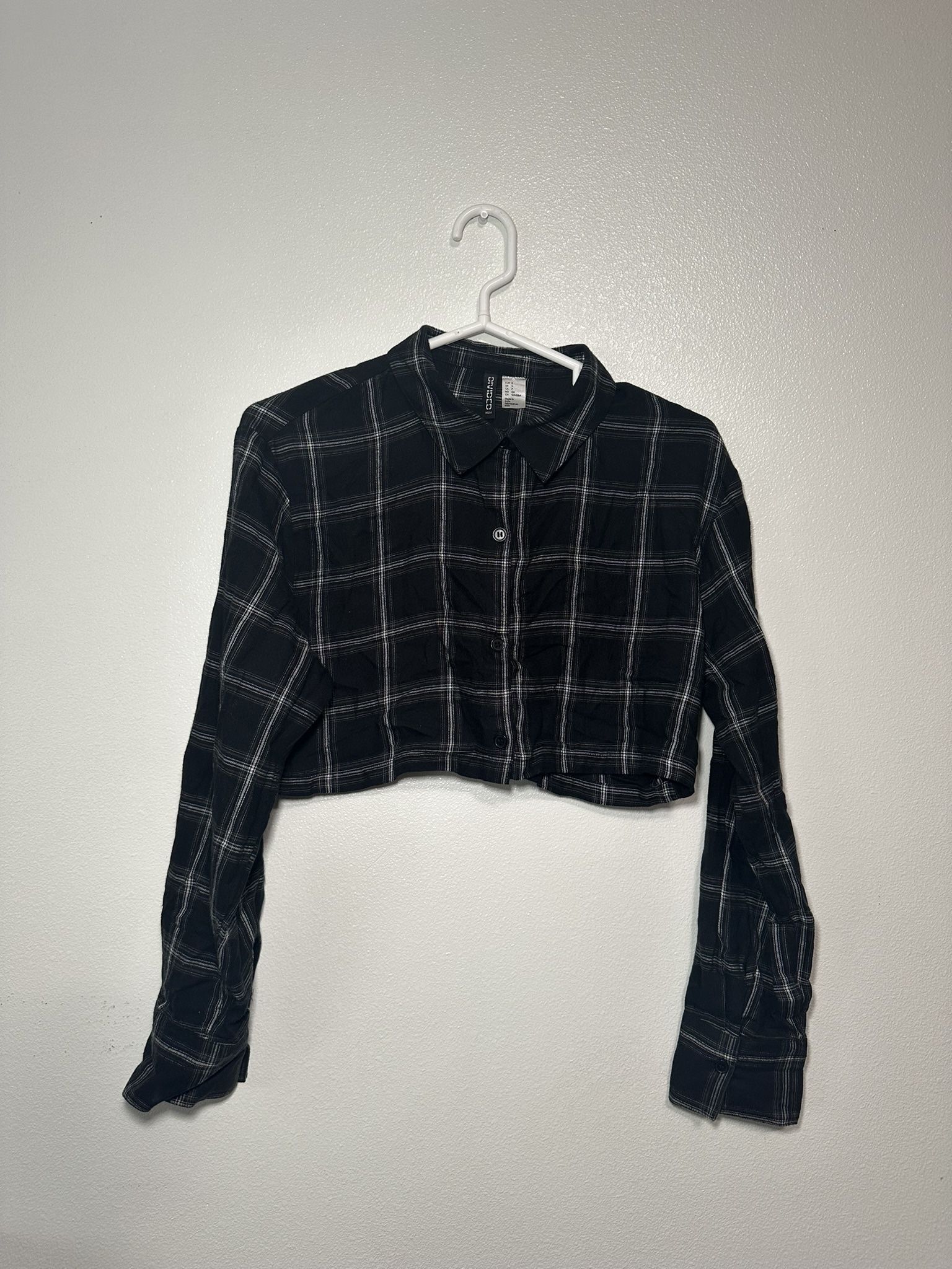 Black Plaid Crop Top Shirt - Small