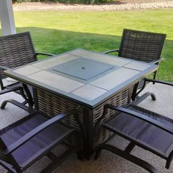 Outdoor Patio Fireplace Table & 4 chairs with Cushions, Like New