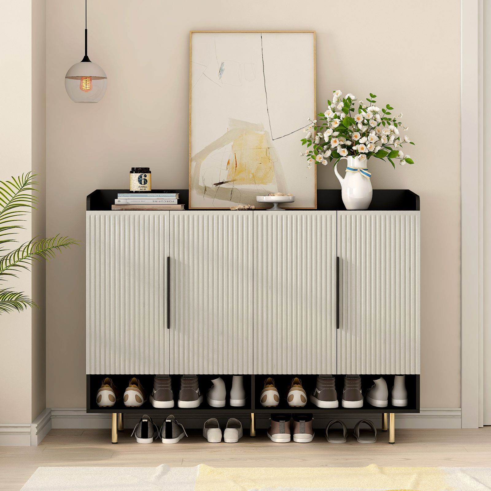 Contemporary Shoe Storage Sideboard with Adjustable Shelves, Black and Cream