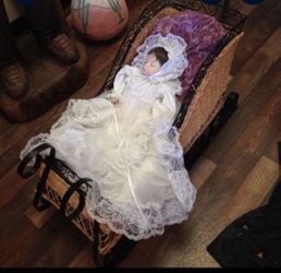 Gorgeous Porcelain Doll With  Sled Exc Conditiin
