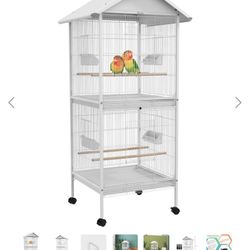 PawHut Wrought Metal Bird Cage Feeder with Rolling Stand Perches Food Containers Doors Wheels 67" H, White