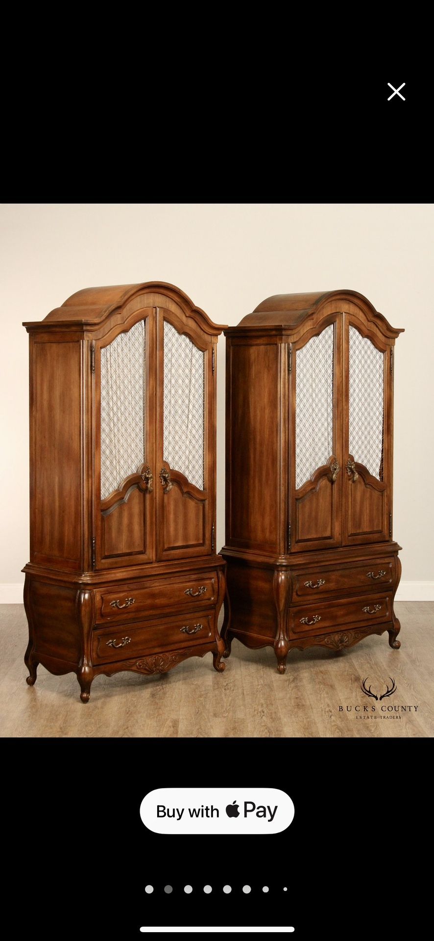 Hickory Pair of Tall French Armoires with a Desk/Vanity between for
