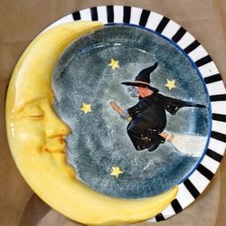Vintage Halloween Table Platter with Flying Witch & Crescent Moon