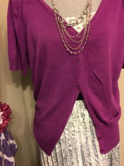Pleated skirt animal print shorty cardigan purple with animal print tank underneath