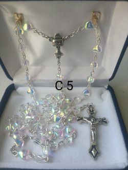Heart-shaped Aurora Borealis Glass Bead First Communion Rosary And Pouch. C 5