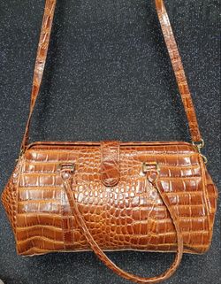 Vintage Vivace Faux Crocodile Doctor Bag Satchel Brown Hinged Frame Purse