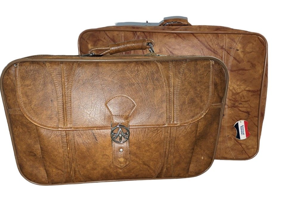 Two Vintage 1970s Faux Leather Large Suitcase Luggage And Carry On Bag