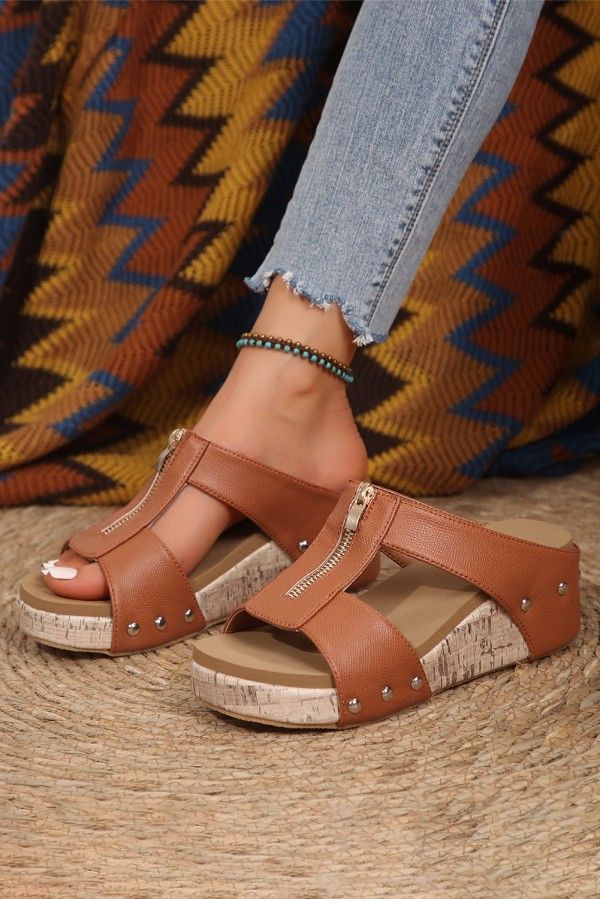 Brown Leather Platform Sandals Size 8