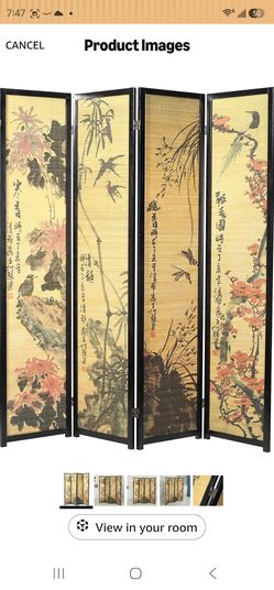 MyGift Decorative 4 Panel Folding Room Divider Bamboo Screen with Chinese Calligraphy Design, 6FT Freestanding Floral Artwork Room Partitioner with Bl