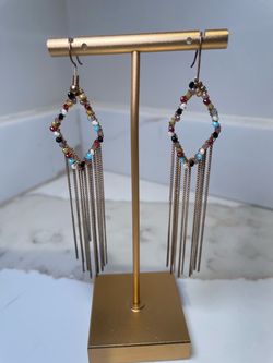 Beaded Diamond Hoop Fringe Drop Earrings