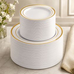 100PCS Gold Plastic Plate, Disposable Party Plates for 50 GUEST)