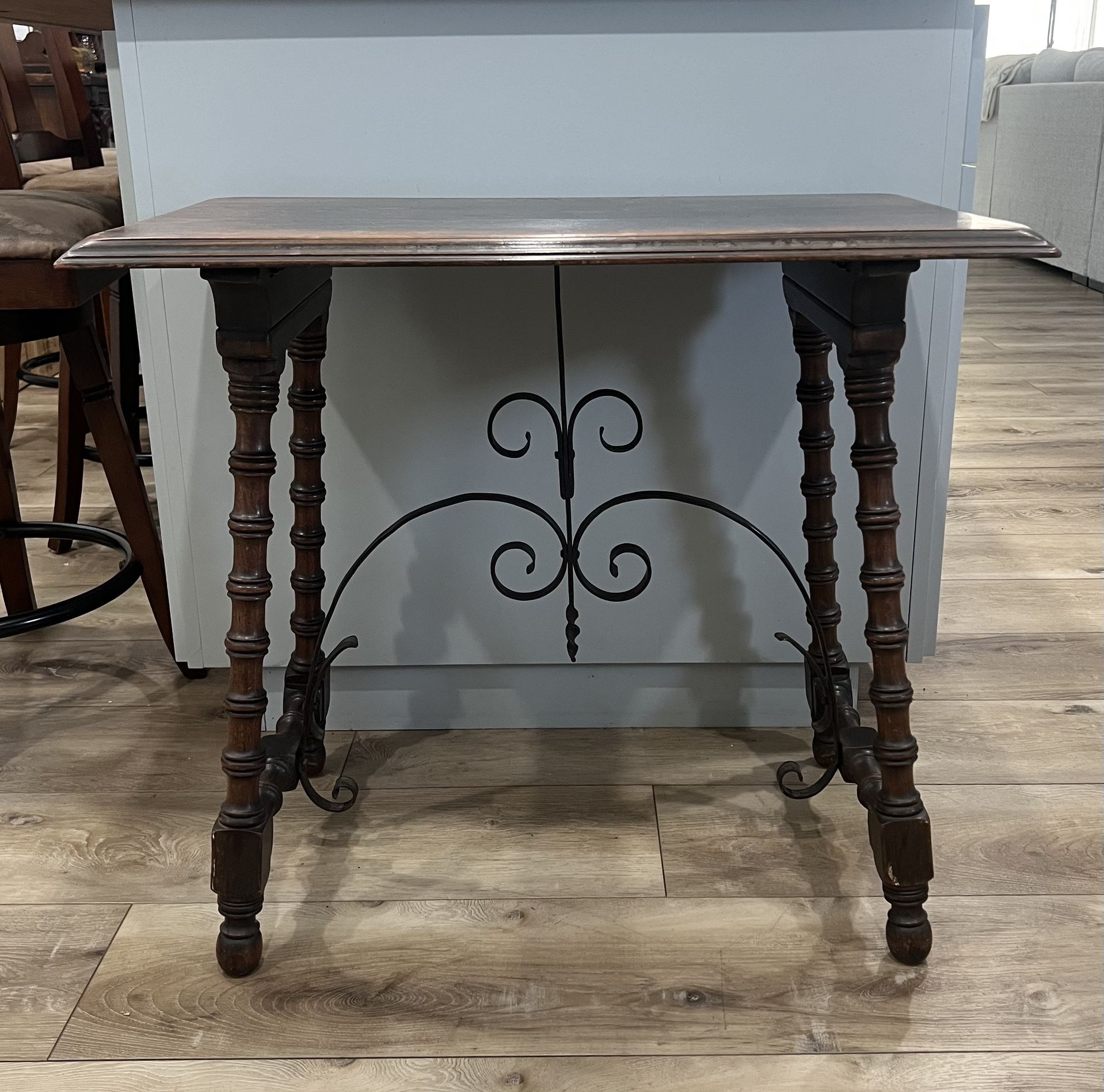 Kittinger 19th Century Spanish Side Table with Cared Turned Legs and Iron Stretcher