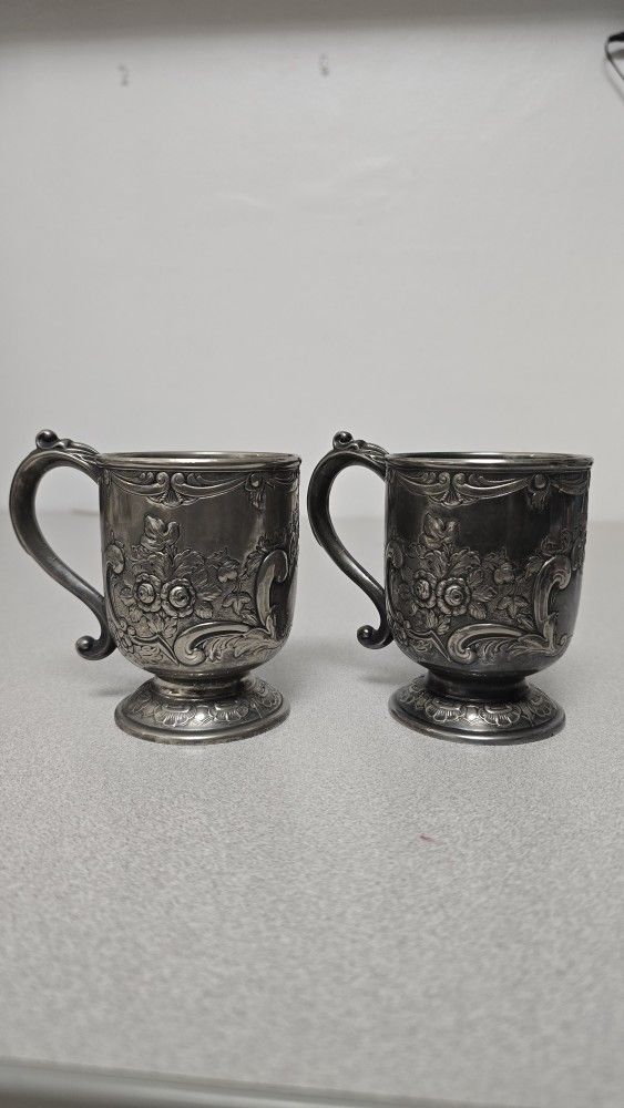 Pair of Antique Silver Plated Baby Cups C&Co Floral Design Twin Handles 3.5"