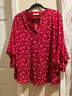 Timeson Red Floral Print Ruffle Sleeve Blouse