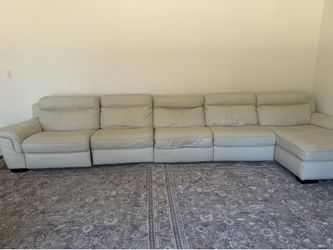 Large Cream/Beige Leather Sectional Sofa with Chaise+ Recliner