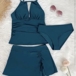 Women 3 Piece Tankini Swimsuits Halter Tummy Control Bathing Suits with Bikini Bottom Skirt(Available in Plus) 