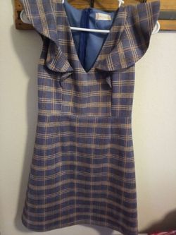 Blue Plaid Ruffle Neckline Mini Dress