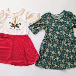 (2) Girls Holiday Christmas 3/4 Sleeve Soft Dresses Size XS 4-5 Unicorn & Gingerbread Man