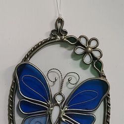 Beautiful Vintage Blue Stained Glass Butterfly Suncatcher 