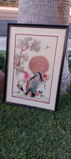 Framed Asian Silk Embroidery Peacock and Cranes Art