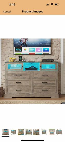 6 Drawer Dresser with LED Lights and Charging Station, Farmhouse Chest of Drawers Closet Organizer, Clothes Storage Cabinet Double Dressers for Bedroo