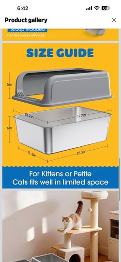 Powools Stainless Steel Cat Litter Box, Metal Litter Box with Scoop, High- Sided, Anti-Leakage Top Entry, Non-Sticky, Easy to Clean, Grey, M (1 Pack)